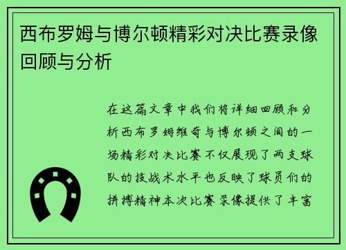 西布罗姆与博尔顿精彩对决比赛录像回顾与分析